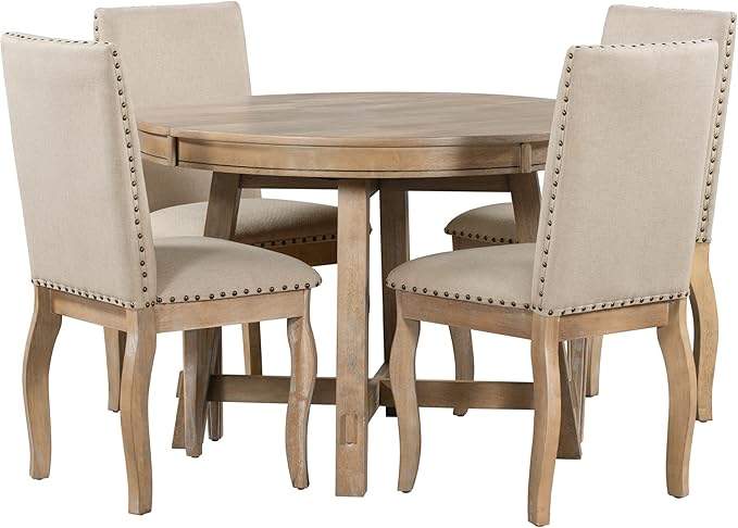 Harper & Bright Designs 5-Piece Farmhouse Dining Table Set Wood Round Extendable Dining Table and 4 Upholstered Dining Chairs (Natural Wood Wash)