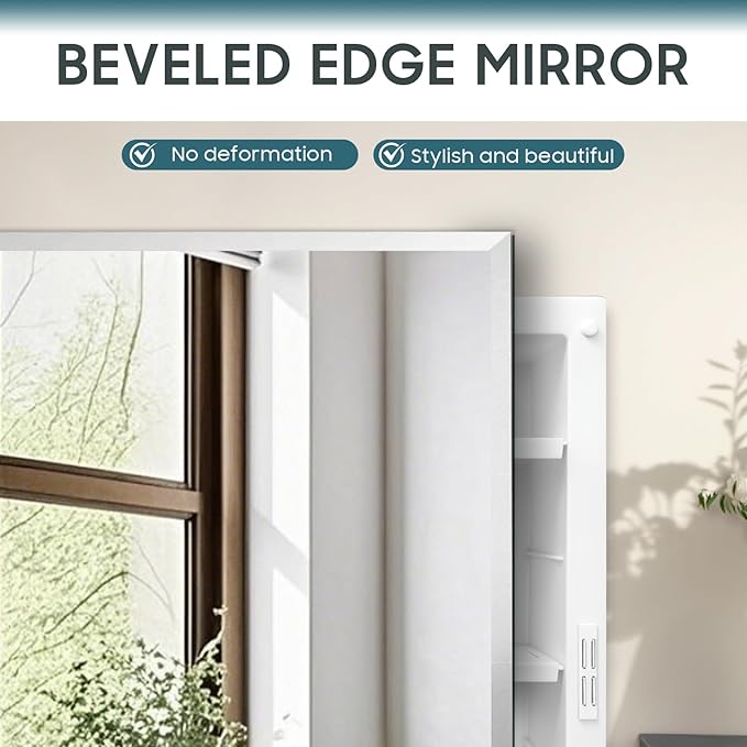 Plastic Bathroom Medicine Cabinet Mirror 16x28 inch, Recessed Medicine Cabinet or Surface Wall Mount Bathroom Cabinets with Adjustable Shelves, Beveled Edge Mirror Cabinet