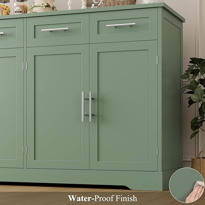 HOSTACK 60" Large Buffet Sideboard with Storage, 36" Tall Kitchen Buffet Storage Cabinet with 4 Drawers, Modern Coffee Bar Cabinet with Silver Handles, Long Sideboard Buffet Table for Kichen, Green