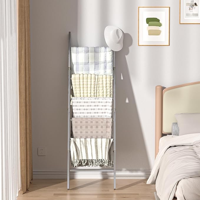 Honest Blanket Ladders for The Living Room, 6-Tier Blanket Holder, Wall-Leaning Blanket Rack, Ladder Shelves, Wooden Quilt Ladder, Farmhouse Decor, Grey