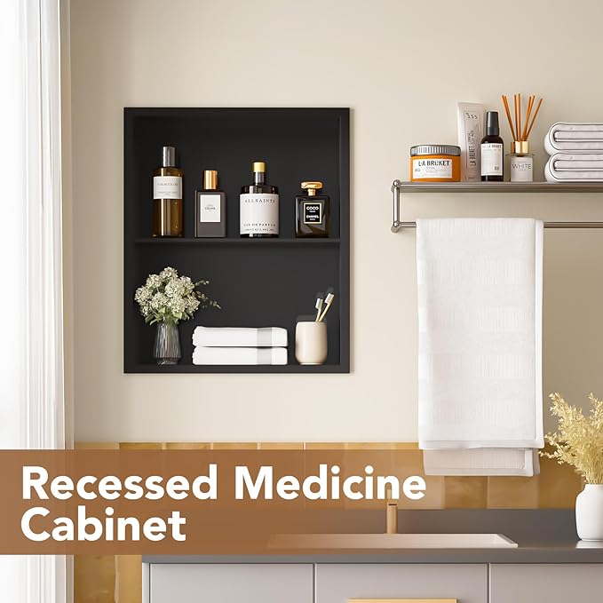 14x18 Recessed Medicine Cabinet, Bathroom Wall Cabinet, 304 Stainless Steel Recessed Wall Niche with 2-Tiers Shelves, Matte Black
