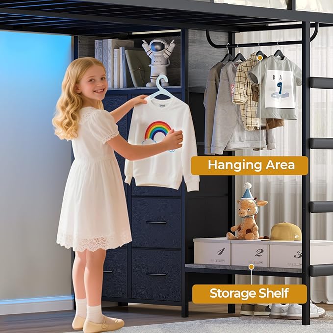ADORNEVE Full Over Twin Bunk Bed with 8 Storage Drawers, Metal Loft Bed with Led Lights & Storage Shelves, Bunk Beds Twin Over Full Size with 13.4" H Safety Guardrail & Ladder, for Kids & Teens, Grey