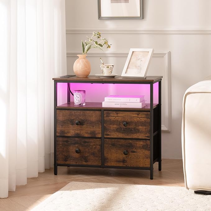 Yoobure Night Stand with Charge Station, Nightstand with 4 Drawers Bedside Table, LED Dresser with Storage Shelf, Night Stands for Bedroom, Side Table 3-Tier Wood End Table for Home Rustic Brown
