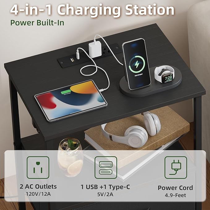 Somdot Nightstand with Charging Station and LED Light for Bedroom, Bedside Table End Table for Dorm Guest Room Bedside Kids Laundry Closet Entryway Hallway, Black