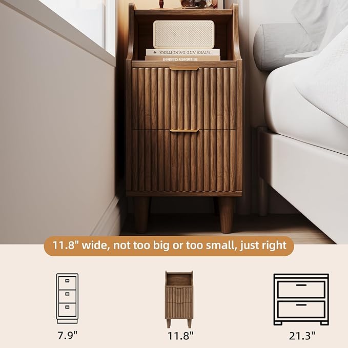 Narrow Nightstand Set of 2,11.8" Fluted Bedside Table Set of 2, Slim Side End Table with 2 Drawers, Wooden Bedside Table, Mid Century Modern Night Stand for Bedroom Livingroom Sofa Office