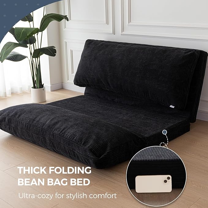 MAXYOYO Folding Sofa Bed, Extra Thick and Long Floor Sofa Convertible Sleeper Chair with Washable Cover, Floor Couch Lounge Bean Bag Bed for Living Room, Black, 39x95 Inch