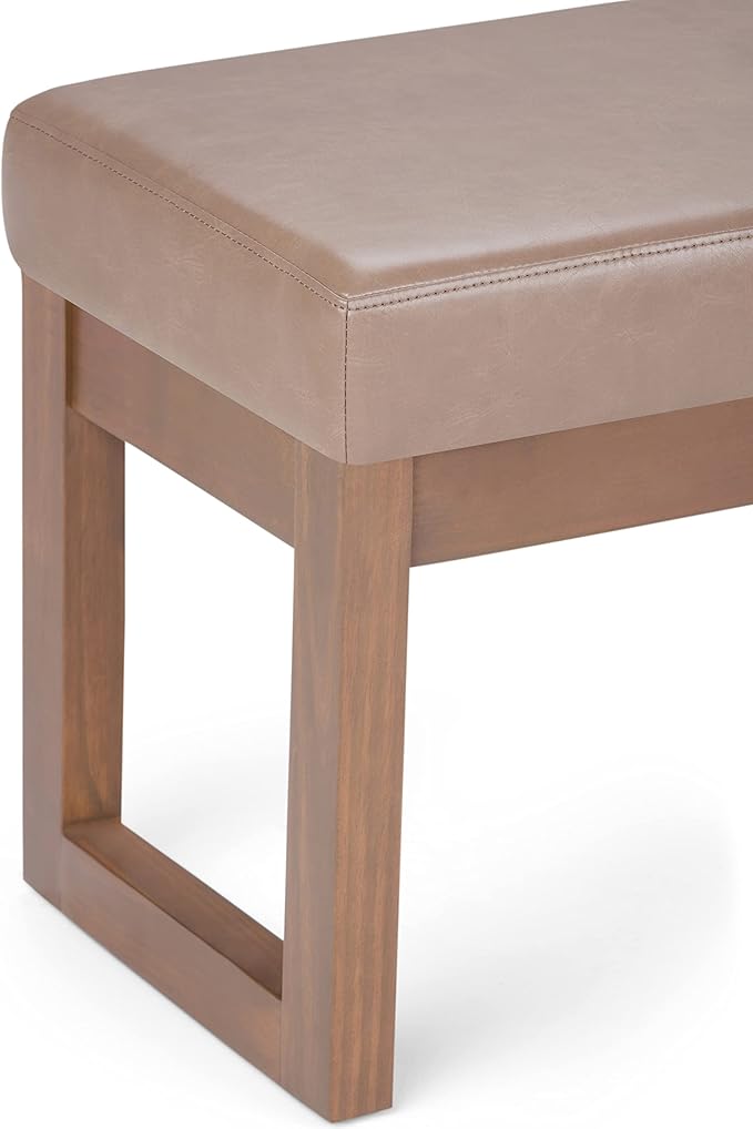 SIMPLIHOME Milltown Small Ottoman Bench - 27" Wide x 18" High Upholstered Vegan Leather Rectangle Footstool Ottoman in Ash Blonde, Contemporary Bench for Living Room with Cushioned Seat, Assembled