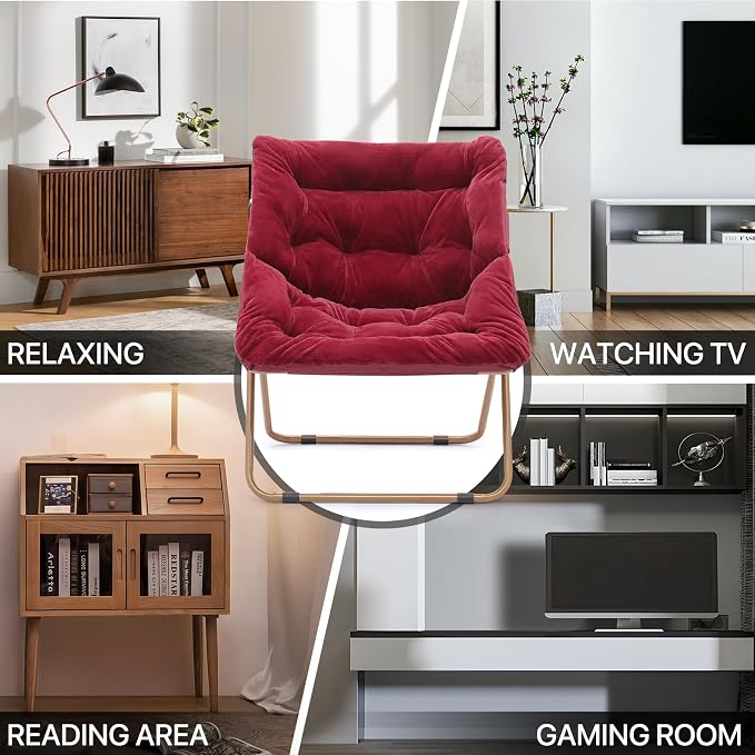MoNiBloom Square Folding Faux Fur Saucer Chair for Bedroom Living Room Dorm Foldable Metal Frame Oversized Large Comfy Furry Padded Soft Cozy Moon Chair with Footrest Ottoman for Adults (Burgundy)