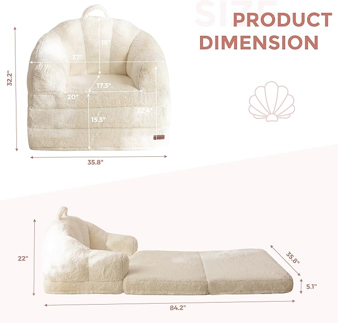 MAXYOYO Folding Sofa Bed, 2 in 1 Convertible Sofa to Lounger Comfy Single Bean Bag Chair for Adults, Floor Sleeper Couch with Handle, Faux Fur Couch Bed for Living Room Bedroom, Beige