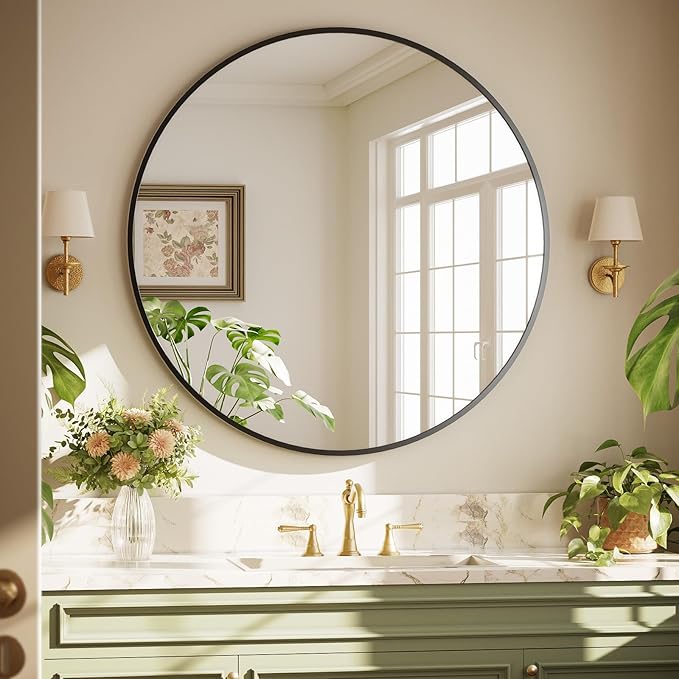 XRAMFY 42 Inch Round Black Metal Wall Mirror - Stylish Circle Mirror for Entryway, Bathroom, and Living Room Decor | Matte Black Circle Wall Mirror