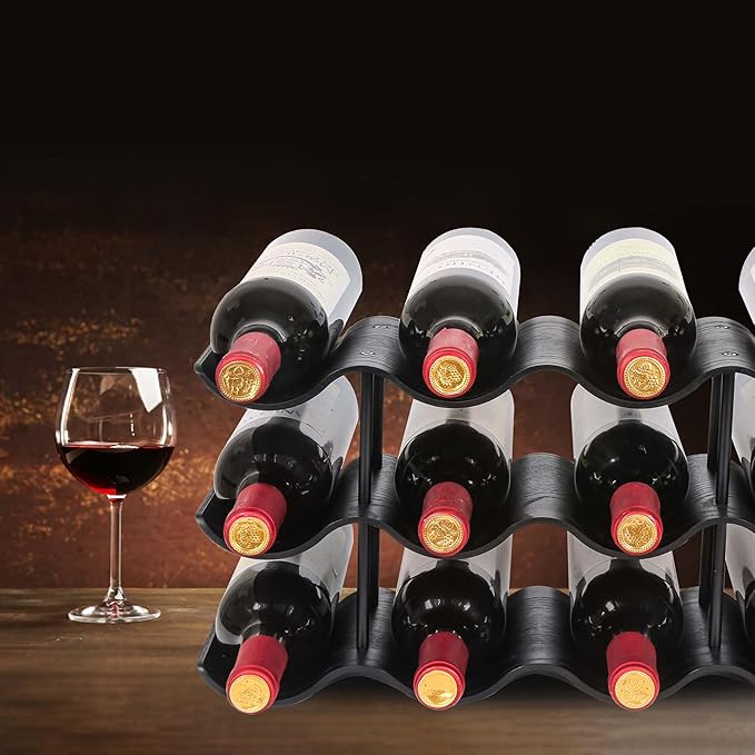 Countertop Wine Rack - 12 Bottle Freestanding Wine Bottle Holder Stand - 3 Tier Wooden Wine Storage Rack - Black Wavy Wine Organizer for Cabinet Pantry Home Kitchen Bar
