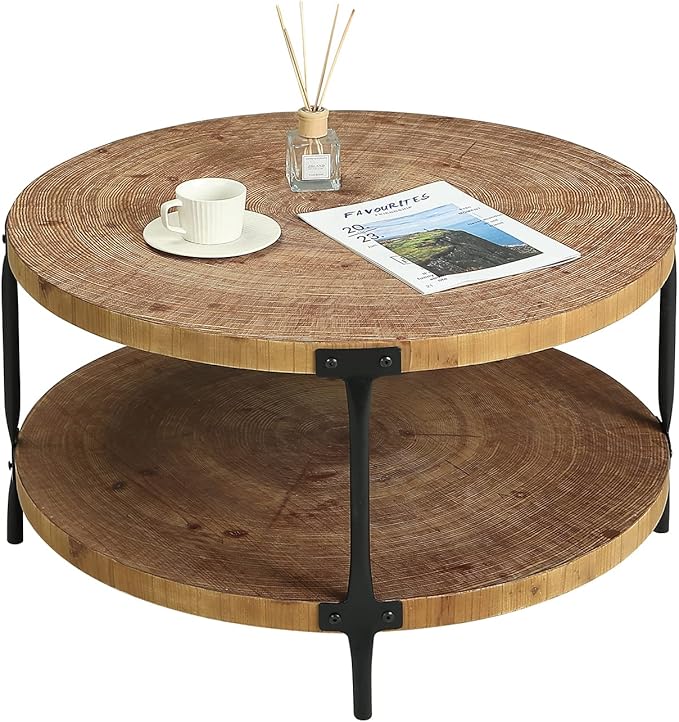 Awescuti Round Boho Wood Coffee Table - 29.1" Farmhouse Natural Circle Wooden 2-Tier Coffee Tables Living Room Furniture, 29.1" D x 18.3" H, Natural Wood Color