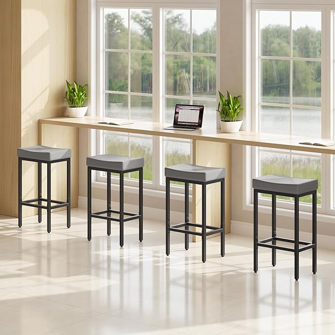 HOOBRO Bar Stools Set of 2, 24.8 Inches Bar Chairs, Counter Height Stools, Saddle Barstools with Curved Surface, 2.4" Thick Upholstery, for Kitchen, Dining Room, Gray and Black BG10BY01