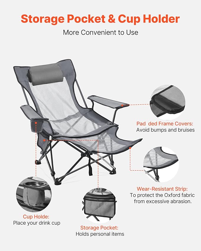 VEVOR 2-in-1 Reclining Camping Chair with Footrest for Adults, 4 Adjustable Positions, Portable Folding Lounger, Lightweight Mesh Beach Chair Supports 220lbs, Heavy Duty Camp Chairs Outdoor, Gray