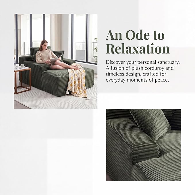 Oversized Boneless Chaise Sofa Bed, Corduroy Chaise Lounge Chair Indoor with Storage Pockets, Upholstered Cloud Sleeper Chair Bed for Small Space, Living Room, Bedroom, Apartment,Green
