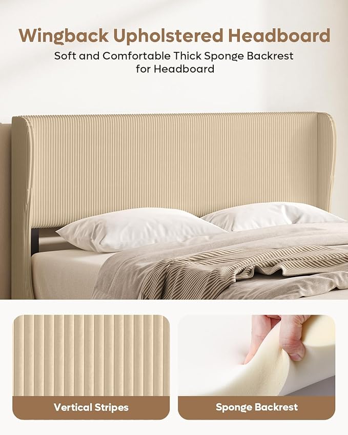 Bestier Platform Queen Size Bed Frame with Wingback Headboard,Upholstered Queen Bed with Strong Wooden Slats,No Box Spring Needed,Never Squeaks,Easy Assembly,Taque