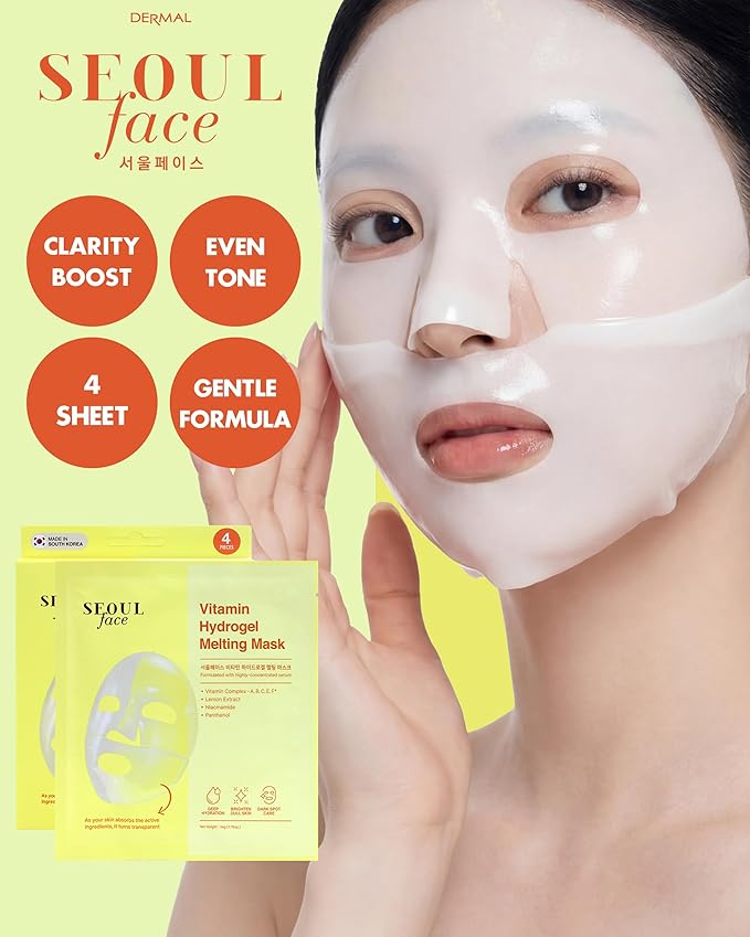 DERMAL Seoul Face Vitamin Hydrogel Melting Mask (4 Pack) - Korean Overnight Brightening Gel Face Mask with Vitamin Complex - Dark Spot & Dullness Care for Glassy Skin - K-Skincare Ritual