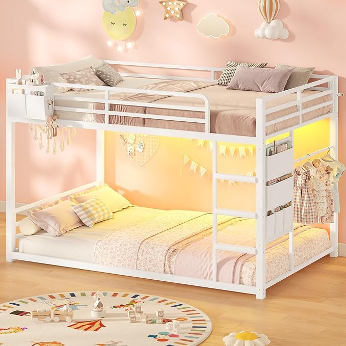 UPOSOJA Bunk Bed Twin Over Twin Bed Frame with LED Lights, Metal Bunk Bed with 13" Guardrail & 3-Step Ladder, Space Saving for Kids and Teen, White