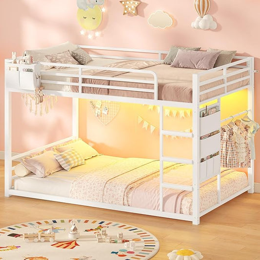 UPOSOJA Bunk Bed Twin Over Twin Bed Frame with LED Lights, Metal Bunk Bed with 13" Guardrail & 3-Step Ladder, Space Saving for Kids and Teen, White