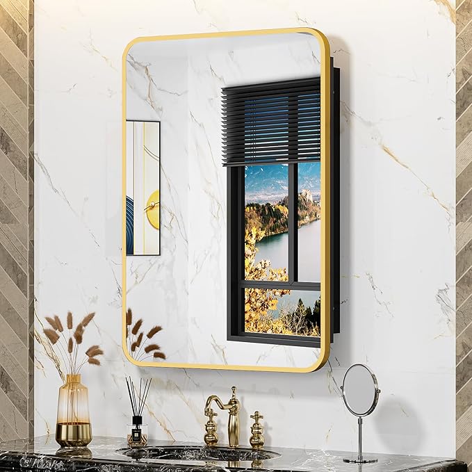 ACEMIRO 20x28 Inch Gold Recessed Medicine Cabinet with Mirror Metal Framed Surface Wall Mounted Bathroom Medicine Cabinet Mirror with Storage