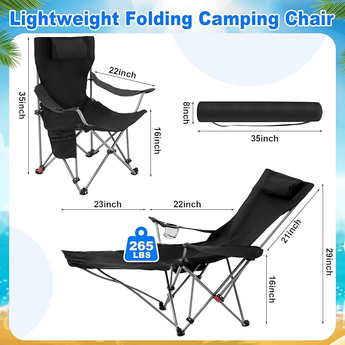 Yuntau 2 Set Reclining Beach Chairs with UPF 50+ Umbrellas Shade, Upgraded Heavy Duty Portable Folding Lounge Camping Chair with Canopy Removable Footrest & Headrest for Outdoor Patio(Grey, Black)