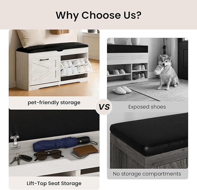 39" Shoe Storage Bench with Padded Seat Cushion & Lift Top Storage Box & 2 Flip Drawers, Small Entryway Shoe Rack Bench with 2 Doors and Adjustable Shelf, Shoes Cabinet for Hallway, Living Room, White