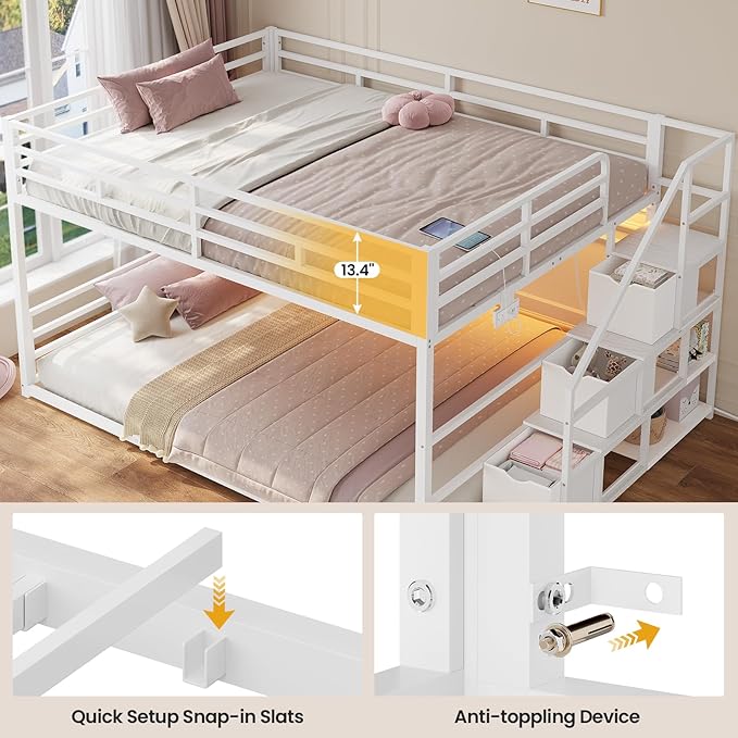ADORNEVE Low Bunk Bed Full Over Full with Stairs, 3 Storage Drawers & Power Outlet, Full Size Metal Floor Bunk with RGB Lights & Shelves, Space-Saving Kids Bed, White