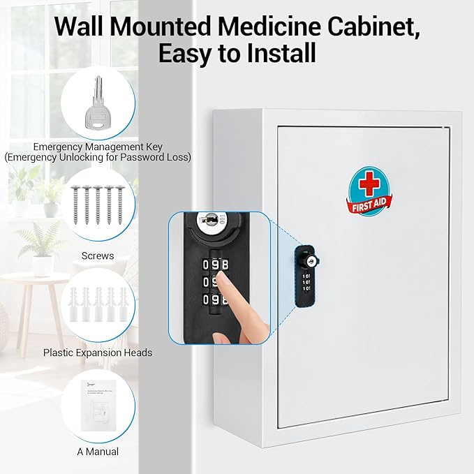 Wall Mounted Metal Medicine Cabinet with Key Lock, First Aid Medication Storage Box, White