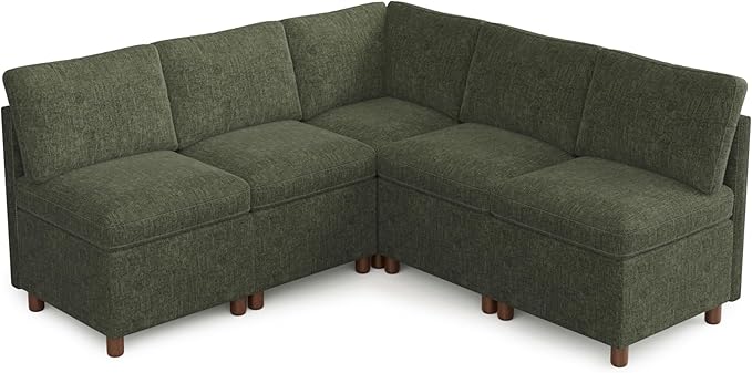 SITJOY Breakfast Nook Bench with Storage, Modular Corner Kitchen Banquette Seating, Dining Settee Couch, Upholstered Dining Bench with Back, Soft-to-Touch Fabric in Green, 5-Seat L Shaped Nook