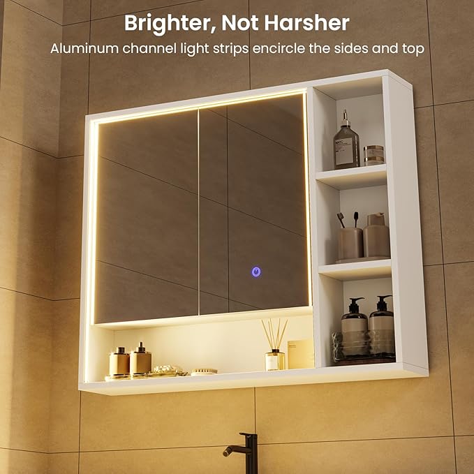 Hasuit Lighted Medicine Cabinet with Mirror and Shelves, Modern Bathroom Medicine Cabinet with Open Storage, Aluminum Channel LED Lights, 35.4'' x 30.7'', White