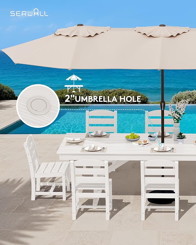 SERWALL 9 Piece Outdoor Dining Set, 84" HDPE Outdoor Table and Armless Chairs Set for 8，All Weather Patio Furniture Set with Umbrella Hole for Backyard, Garden, White