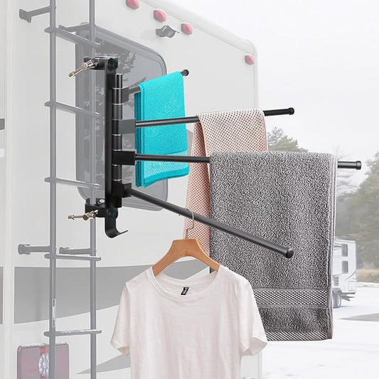 RV Clothes Drying Rack, Four 15.3" Long Rack Arms, Aluminum, 304 Stainless Steel Accessories, No Drilling Anti-Rust for Ladder, Boats, RV, Camper, Trailer, Travel, Hotel, Home