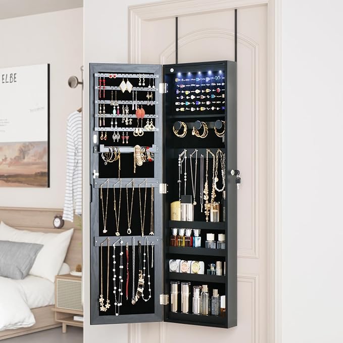 Full Length Mirror Jewelry Cabinet Organizer Lockable Door Wall-Mounted Jewelry Armoire with Shelves and Behind the Door Storage Black