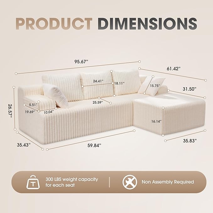 Hobestluk Modular Sectional Sofa Boneless Couch L-Shape Couch 3 Seat Modular Couch Memory Foam Sectional Couches for Living Room Furniture, Cloud Couch with Chaise Lounge (96" Right Facing Chaise)