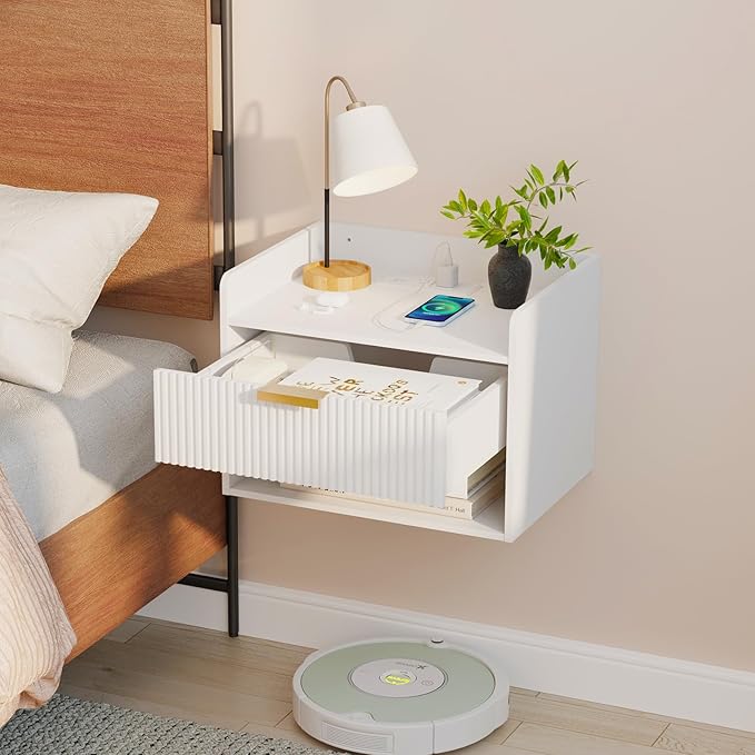 Arbuxzuy Floating Nightstand Set of 2 with Charging Station, Modern Wall Mounted Bedside Table with Drawer & Open Shelf, Minimalist Wooden Night Stand for Bedroom (White)