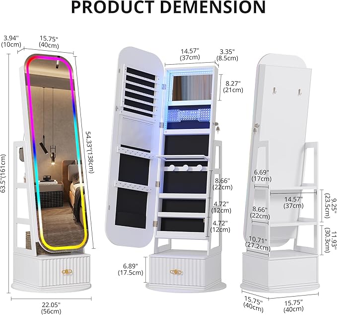 360° Swivel Jewelry Cabinet with Lights - RGB Vanity Mirror | Rotatable Full Length Mirror with Jewelry Storage, Standing Jewelry Armoire Organizer, Foldable Makeup Shelf, White (White 052)