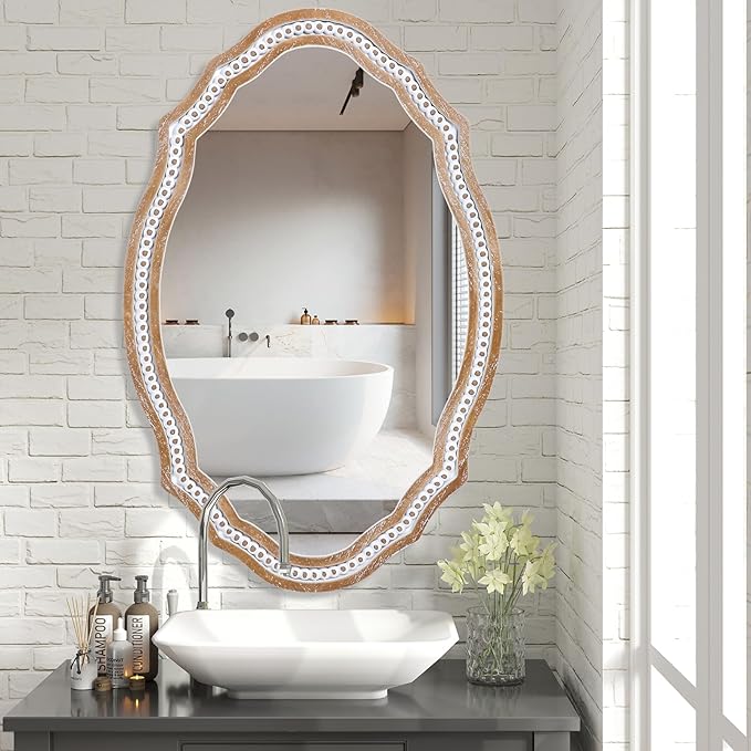 24x35 Inch Decorative Wooden Oval Wall Mirror, Rustic Farmhouse Bathroom Mirror Over Sink, Accent for Entryway, Living Room, Bedroom, Vertical or Horizontal Hanging