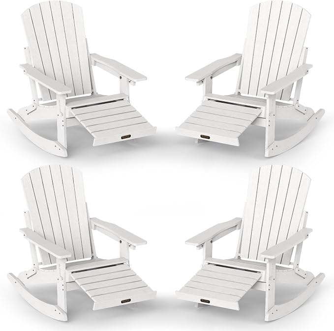 Adjustable Adirondack Rocking Chair Set of 4 with Retractable Ottoman Footrest, 4-in-1 Foldable HDPE Outdoor Rocker, Weather Resistant Adirondack Chair for Porch, Garden & Poolside, White