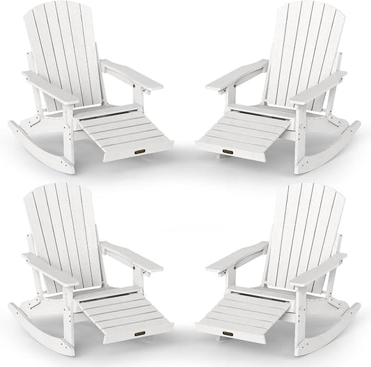 Adjustable Adirondack Rocking Chair Set of 4 with Retractable Ottoman Footrest, 4-in-1 Foldable HDPE Outdoor Rocker, Weather Resistant Adirondack Chair for Porch, Garden & Poolside, White