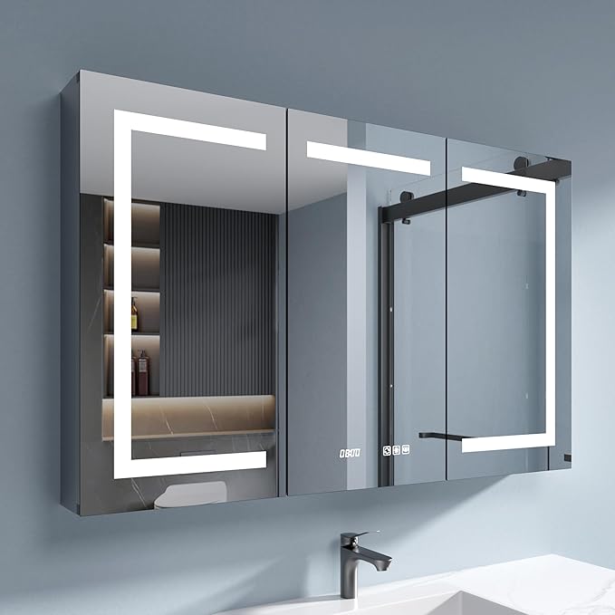 LED Medicine Cabinet Mirror, 48x30 Inch Bathroom Storage, Recessed/Wall Mount, Plug-in/Hardwired, 3 Color Dimmable Light, Anti-Fog, Time Temp Display