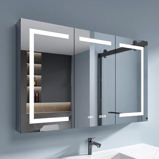 LED Medicine Cabinet Mirror, 48x30 Inch Bathroom Storage, Recessed/Wall Mount, Plug-in/Hardwired, 3 Color Dimmable Light, Anti-Fog, Time Temp Display