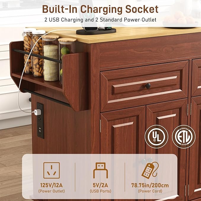 80"-48" Extendable Kitchen Island with Extended Dining Table and Power Outlet,Large Mobile Kitchen Storage Islands with 2 Storage Drawers,Rolling Islands Cart with 3 Extra Rows Open Shelves(Brown)