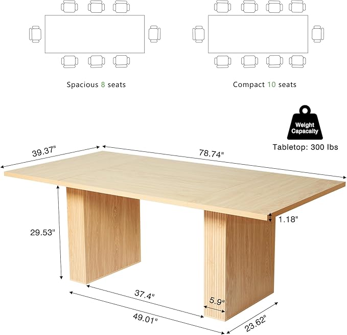 weselon 78 Inch Dining Table for 6 8 10, Modern Farmhouse Rectangular Kitchen Table, Long Dining Room Tables with Wood Strip Base for Kitchen Living Room (Natural)