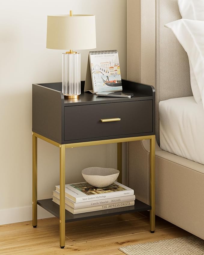 Nightstand,3-Tier Modern Night Stand,Bedside Table with Storage Drawer and Shelf,Small Side Table for Bedroom,Living Room,Black