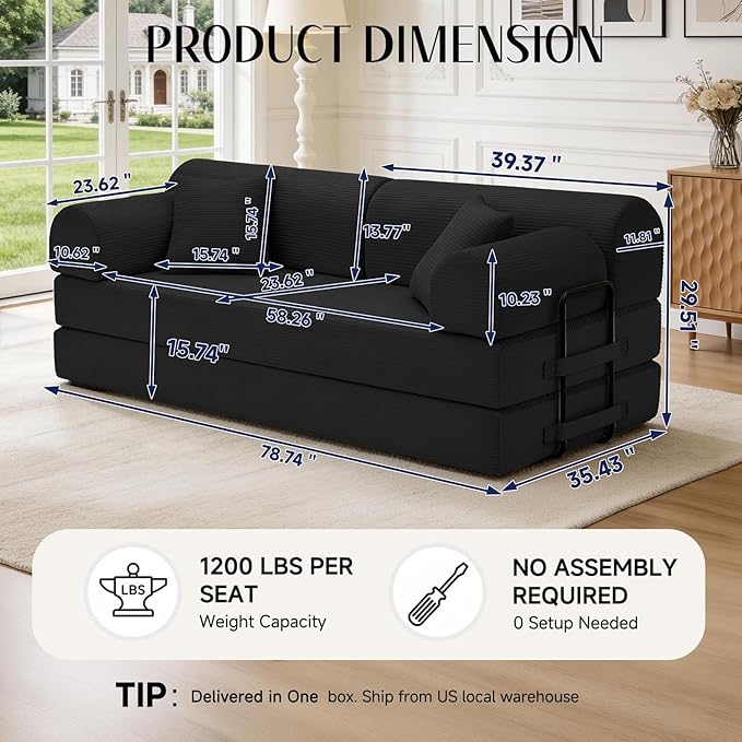 78.8" Convertible Sofa Bed with Detachable Arm Pillow, 6-in-1 Sectional Couches for Living Room, Corduroy Boneless Couch, Sleeper Loveseat Couch Bed, No Assembly, Black Couch