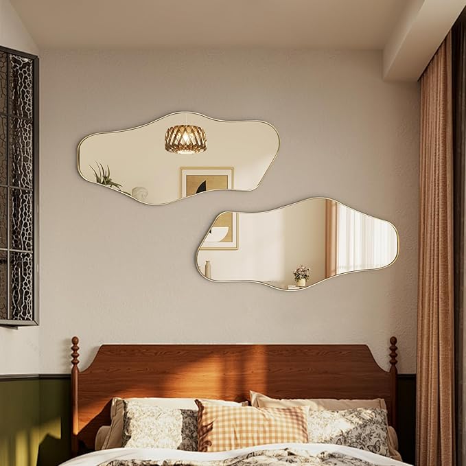 Irregular Wall Mirror, 40"x18" Asymmetrical Mirror with Gold Metal Frame, Organic Shaped Mirror for Living Room Bathroom Bedroom Hallway Entryway, Hangs Vertically or Horizontally
