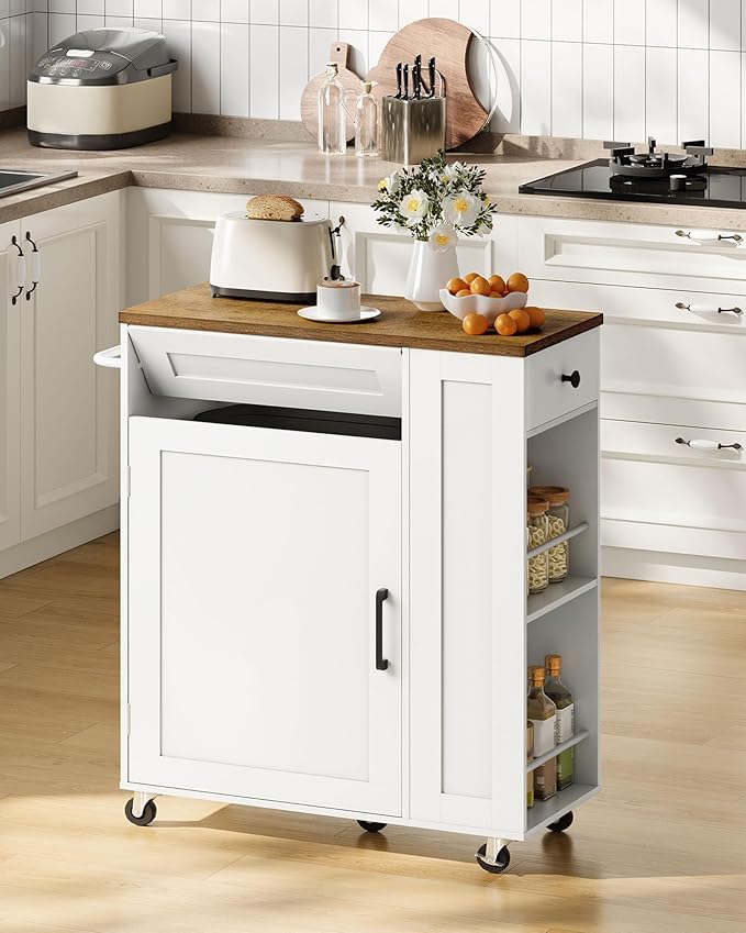 CHOEZON Kitchen Island Cart with Storage, Kitchen Cabinet, Mobile Kitchen Island, Storage Trolley for Kitchen with Hidden Trash Bin Cabinet, for Dining Room, White and Walnut MZD06WL