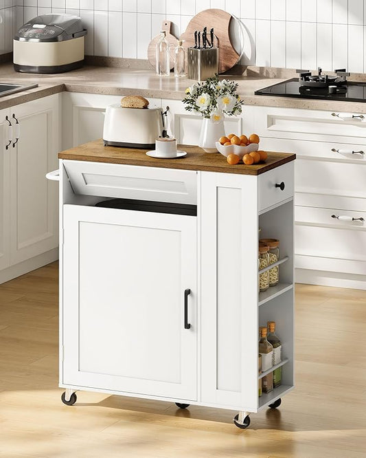 CHOEZON Kitchen Island Cart with Storage, Kitchen Cabinet, Mobile Kitchen Island, Storage Trolley for Kitchen with Hidden Trash Bin Cabinet, for Dining Room, White and Walnut MZD06WL