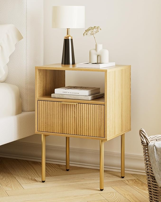 Aienvey Night Stand, Modern Nightstand with Drawers, Bedside Table, Gold Small Side Table for Bedroom, Living Room End Table (Oak Stripe, 1 Drawer)