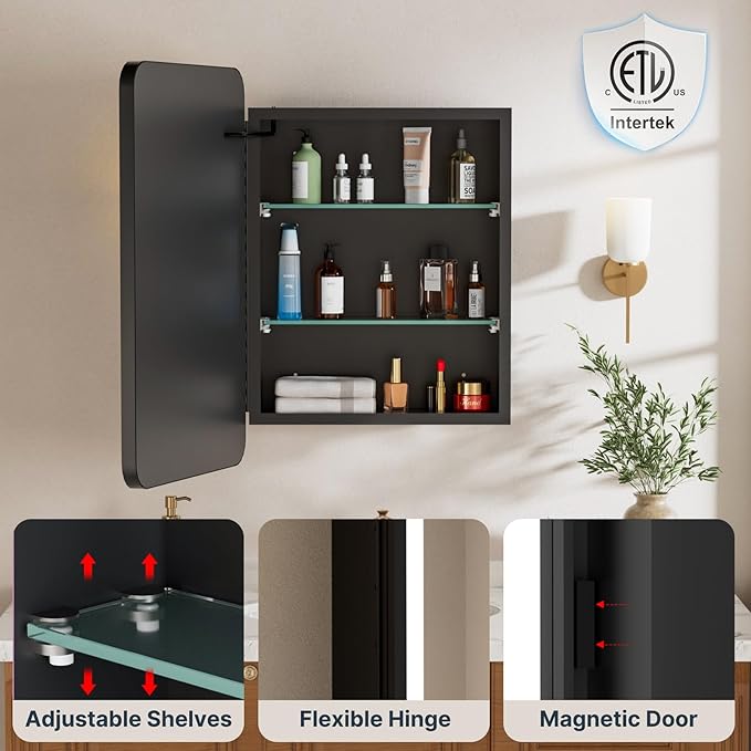 16x24 Inch Medicine Cabinet with Mirror, Recessed or Surface Mount Bathroom Medicine Cabinet with LED Lights, Anti-Fog, Memory Function, Adjustable Shelf, Dimmable Light, ETL Listed, Black,Left Hinge